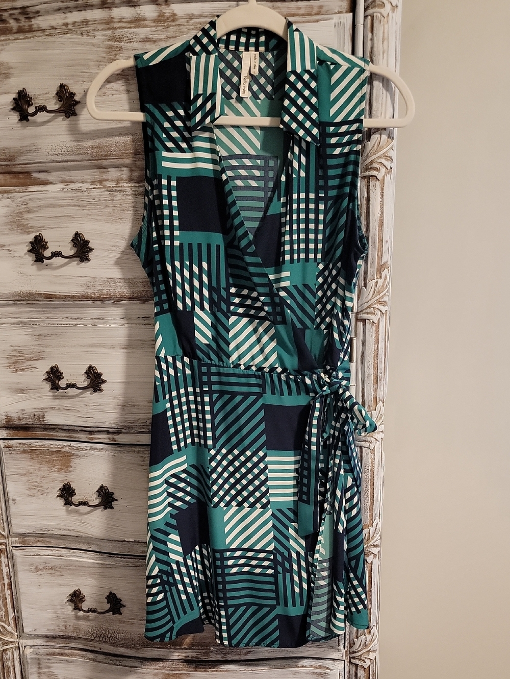 Sleeveless Green & Navy Geometric Wrap Dress